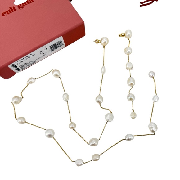 Cult Gaia Cleia Pearl Wrap Drop Earrings Gold Baroque Asymmetrical Long NWT - Picture 6 of 11